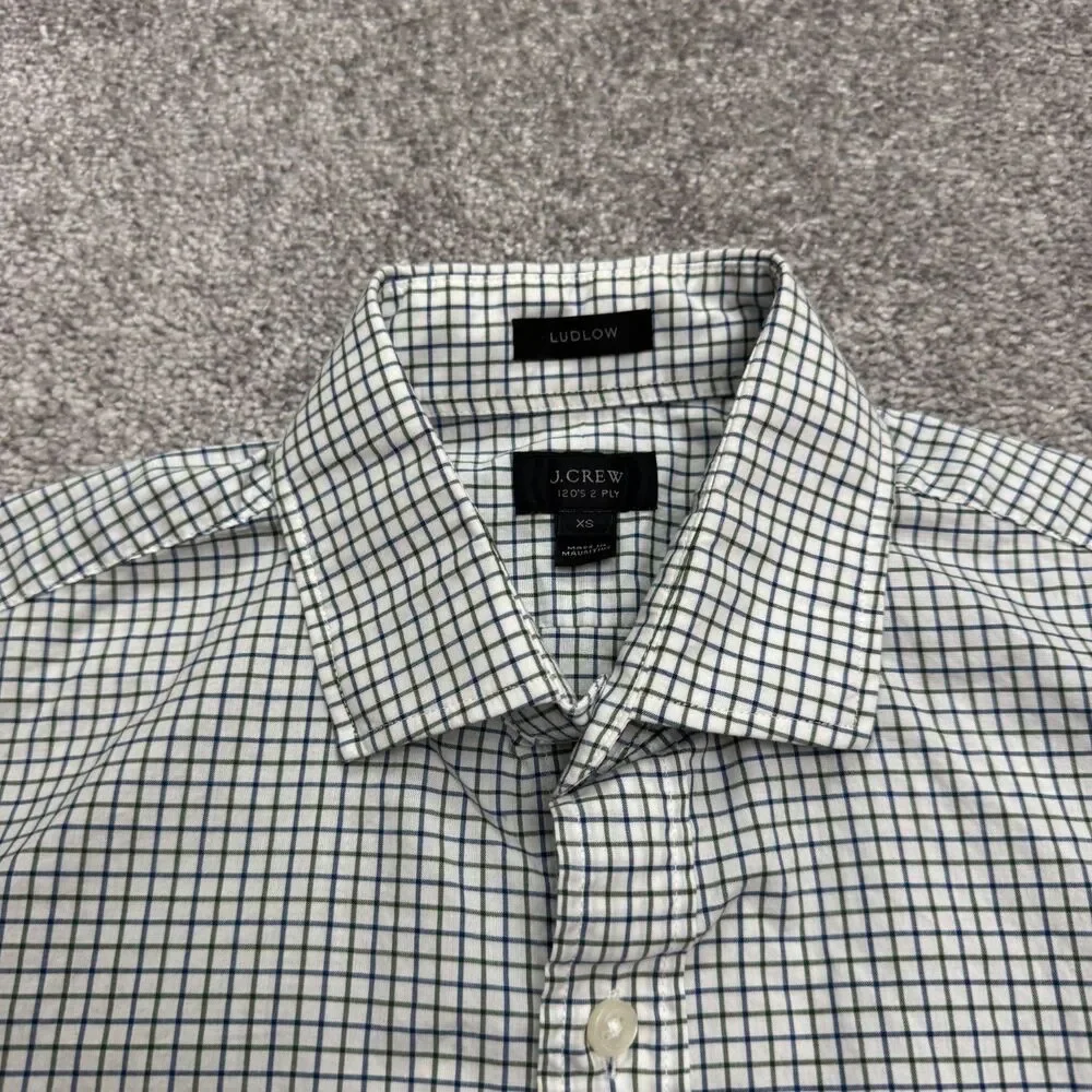 J.Crew Ludlow 120's 2 Ply Dress Shirt Mens XS Green Blue White Plaid Cotton Work